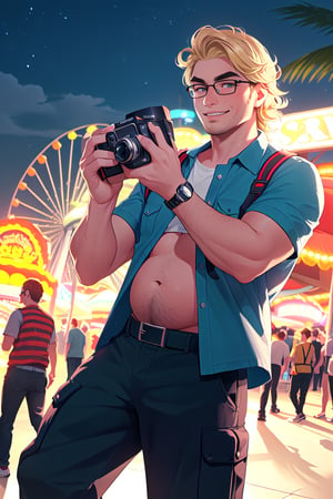 ((holding camera, doing a photo, volumetric lighting, slim:1.2, blonde eyebrows:1.2)), a young scruffy dad making photos, open hawaian shirt, scruffy hair, cargo pants, belly, hairy, happy, glasses, night, amusement park, crowded
