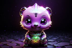 chibi Alien creature in ninja panda shape, with opalescent skin and iridiscent scales,full body ,masterpiece, violet color , absolutely perfect, stunning image, visually rich, intricately detailed, concept art, by Mschiffer, glowy, cinematic, UHD wallpaper, 3d, octane render, volumetric lights,Movie Still