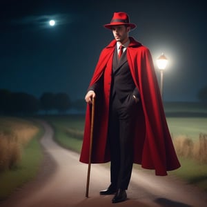 realistic Attractive man 
wealthy in hat and cane with cape at a crossroads in the countryside at night hat red