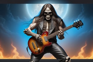  Heavy metal skull man playing a guitar, with beautiful feet, full body, long hair,