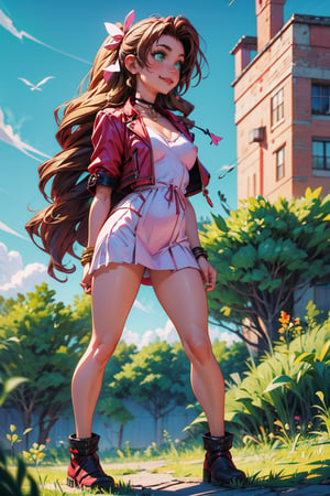 hyper detailed, best quality, masterpiece, 8k, HD, makoto shinkai anime style, edgy, sexy, view of entire body, smiling, green eyes, brown hair, covered_nipples, 1girl,  full body view, aerith gainsborough, choker, pink dress, hair ribbons, very long hair,  bracelet, pink hair bow, red cropped jacket, ,High detailed 