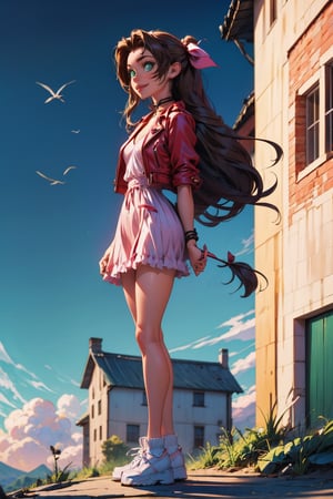 hyper detailed, best quality, masterpiece, 8k, HD, makoto shinkai anime style, edgy, sexy, view of entire body, smiling, green eyes, brown hair, covered_nipples, 1girl,  full body view, aerith gainsborough, choker, pink dress, hair ribbons, very long hair,  bracelet, pink hair bow, red cropped jacket, ,High detailed 