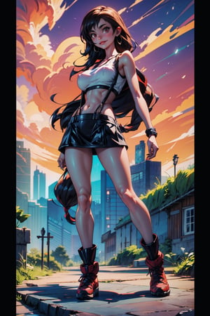 hyper detailed, best quality, masterpiece, 8k, HD, makoto shinkai anime style, edgy, sexy, view of entire body, smiling, red eyes, black hair, covered_nipples, 1girl,  full body view, tifa lockhart, white tanktop, black suspenders, black miniskirt, long straight hair, red boots, High detailed 