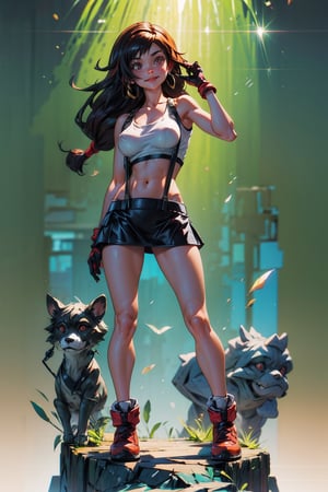 hyper detailed, best quality, masterpiece, 8k, HD, makoto shinkai anime style, edgy, sexy, view of entire body, smiling, red eyes, black hair, covered_nipples, 1girl,  full body view, tifa lockhart, white tanktop, black suspenders, black miniskirt, long straight hair, red boots, High detailed 