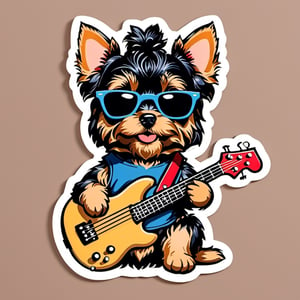 sticker , yorkie, holding a bass guitar, wearing sunglasses, cute