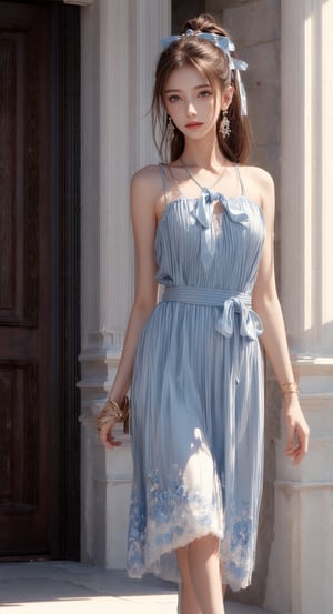 1girl, solo, long hair, looking at the viewer, smile, bangs, brown hair, ponytail, realistic, shoulders-long messy elegant hair. (masterpiece, best quality, CGI, official art:1.2), wearing a flowing white Grecian dress with intricate blue patterns on the neckline and hem, cinched at the waist with a delicate rope belt, standing gracefully in front of a bright blue door, earrings glinting in the sunlight, soft shadows cast by the surrounding architecture, sandals with blue straps wrapping around her ankles, light and shadows playing on the white and blue background, realistic, masterpiece, best quality, photorealistic, raw photo,  earrings, black eyes, lips, bow headband, lips, ribbon, realistic, parted lips, lips, ribbon, realistic, blurry background,