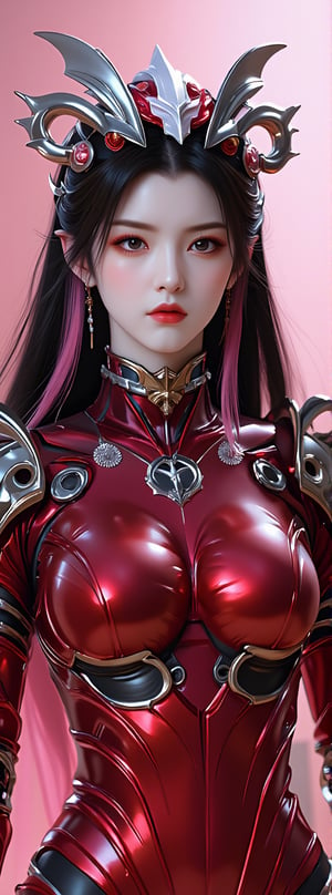 Best quality, masterpiece, ultra high res, (photorealistic:1.5), raw photo, (Masterpiece, Top Quality, Best Quality, Official Art, Beauty and Aesthetics: 1.2), 1girl, long black hair, Medusa, A cybernetic warrior with long pink hair stands poised, her red and silver mech armor gleaming under a bright light source. The armor’s hard, metallic surfaces reflect the light like polished steel, creating brilliant reflections and sharp glimmers as she moves. The gleaming metal gives off a cool, futuristic vibe, highlighting the precision and craftsmanship of her suit. Her calm demeanor is enhanced by the dynamic lighting, which creates strong contrasts between her serene expression and the glowing reflections on her armor. The metallic headgear shines with an ethereal glow, completing the high-tech, sci-fi aesthetic.,Eroflo,meidusha,1girl,Hanfu, KOLNB,forehead mark, high contrast, (grayscale:-1.5)