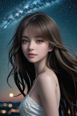 {{best quality}}, {{masterpiece}}, {{ultra-detailed}}, {illustration}, {detailed light}, {an extremely delicate and beautiful}, a girl, highly detailed full body, {beautiful detailed eyes}, stars in the eyes, light brown messy floating hair, Starry sky adorns hair, depth of field,perfect,<lora:659111690174031528:1.0>