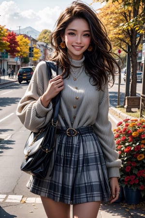 girls, 8K, best quality, masterpiece, smile, real skin:1.1, shinny hair, shiny skin, bright_face, smile face, The theme words are autumn, clouds, foliage, and sunshine, The background should depict the breathtaking beauty of a fantastical autumn, encompassing the grandeur and magnificence of nature, The clothing represents a variety of fashion styles, including casual and dresses, with a range of colors that complement the autumn season.,High detailed, viewing up