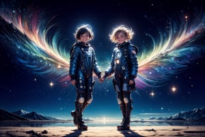 2 girls , in galaxy, flying, stars, short hair, various space suit, shinny hair, full body, DonMF41ryW1ng5 , smile face