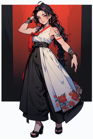 ((masterpiece, high quality, best quality, 8k, fine lineart, highly detailed, absurdres)),1girl, solo, full_body,hanbok, smile, tattoo, body tattoo, wide long pants, sleeveless, shoulder tattoo, bare_shoulders, arm_bracelets, braided_hair,arm tattoo,