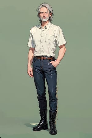 ((masterpiece, high quality, best quality, 8k, fine lineart, highly detailed, absurdres)), 1_guys, solo, simple_background, green_background, standing, full_body, in of frame, old_male, gray_hair, gray short beard, boots,