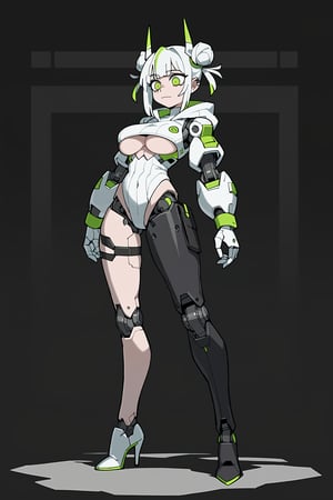 ,score_9, score_8_up, score_7_up, 
masterpiece, best quality, amazing quality, very aesthetic, absurdres,

,cybernetic, cyborg, robot joints, mechanical parts,dark theme, dark_background, standing, fullbody, 

,1girl, tattoo on leg, green hair, white hair, two-tone-hair, twin_buns, large_breasts, make-up, eyeliner,eye_shadow,green eyes, asymmetrical legwear, single_thighhigh, single bare leg, white highheels, 
short boots, cropped open green hoodie, underboob cutout, ear_rings,  straps, belt, pouches, white leotard, highleg_leotard, neon_horns,vanitaker