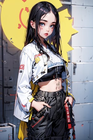 ((masterpiece, high quality, best quality, 8k, fine lineart, highly detailed, absurdres)), ruanyi0220, body tattoo, 1girl, solo, breasts, short hair, black hair, jacket, open clothes, midriff, pants, coat, white footwear, hand in pocket, sports bra, white coat, hand on own head, white sports bra, yellow theme,hanbok