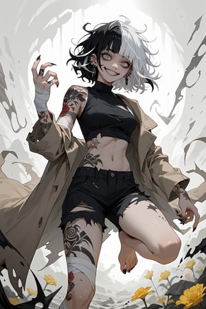 score_9, score_8_up, score_7_up, score_6_up,lustrous skin,
, ,sagawa,vanitaker,

1girl, earrings, white hair, black hair, two-tone-hair, medium hair, messy hair, tattoo, ear piercing, arm tattoo, leg tattoo, flower tattoo, black finger nails, 

, bare legs, bare feet, ripped_clothes, torn_clothes, bandages, hand bandage, foot bandage, midriff, shorts, trench coat,

dynamic angle, dynamic pose, smile
