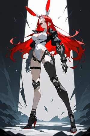 ,score_9, score_8_up, score_7_up, 
masterpiece, best quality, amazing quality, very aesthetic, absurdres,sexy girl,

,cybernetic, cyborg, robot joints, mechanical parts,dark theme, dark_background, standing, fullbody, 

,1girl, tattoo on leg, white hair, red hair, two-tone-hair, straight_hair, midium hair, forehead, large_breasts, make-up, eyeliner, eye_shadow, asymmetrical legwear, single_thighhigh, single bare leg, black highheels 
short boots, cropped open black jacket, cleavage cutout, ear_rings, red ribbon, straps, belt, pouches, white leotard, highleg_leotard, rabbit, 