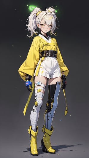 ((masterpiece, high quality, best quality, 8k, fine lineart, highly detailed, absurdres)),1girl, solo,full_body, niji, simple_background, twin_tail,  make-up, hanbok,boots, belts,(
Prosthesis:1.5),tiny_breasts, white_hair, (glow_eyes:1.5), yellow_theme,gloves,gears, electronic_wire,wires, mecha musume, (bandages:1.3),bare_legs,