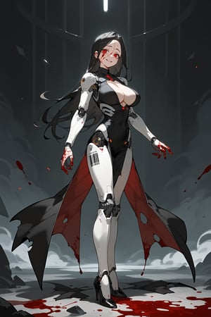,score_9, score_8_up, score_7_up, 
masterpiece, best quality, amazing quality, very aesthetic, absurdres,sexy girl,

,cybernetic, cyborg, robot joints, mechanical parts,dark theme, dark_background, standing, fullbody, 

,1girl, red eyes, large breasts, black hair, forehead, longhair,bare_legs, black highheels, barcode tattoo, ripped gray dress, standing, blood on face, blood on hand, blood on body, smile,