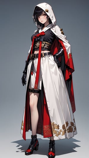 (masterpiece, best quality, highres:1.3), 
ultra resolution image, 
1girl, 
solo,
,shiney_skin,

standing,
full_body,
black_hair,
long_hair,
brow_eyes,
shirt_only:1.5,
long_gloves,
shoulder_cape,
short_cape:1.3,
belts,
shoes,
large_breasts,
midriff,
armored_gloves,
leg_straps,
simple_background,
arms_armor,
bare_legs

,AS,hooded,urban techwear,hanbok