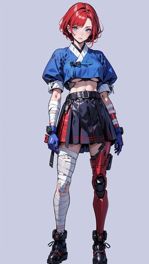 ((masterpiece, high quality, best quality, 8k, fine lineart, highly detailed, absurdres)),1girl, solo,full_body, niji, simple_background, short_hair,  make-up, hanbok,canvas_shoes, belts,(
Prosthesis:1.5),large_breasts, red_hair, blue_theme, blue_outfits,gloves,gears, wires, mecha musume, (bandages:1.3),under_boob, midriff, tartan_skirt