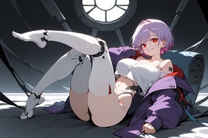 ,score_9, score_8_up, score_7_up, 
masterpiece, best quality, amazing quality, very aesthetic, absurdres,sexy girl, 

1girl, large breasts, smile, short hair, bangs, red eyes, jacket, off shoulder, sleeves past wrists, light purple hair, purple jacket, white crop top, black highleg panty, white thighhgihs, bare feet,

,cybernetic, cyborg, dark theme, dark_background,  

,lying, one leg up, 