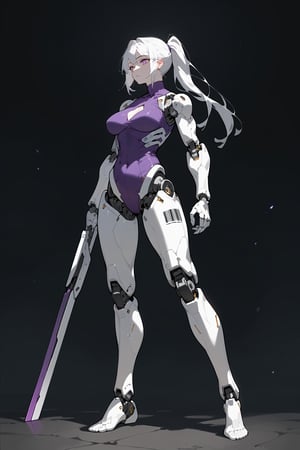 ,score_9, score_8_up, score_7_up, 
masterpiece, best quality, amazing quality, very aesthetic, absurdres,sexy girl,

,cybernetic, cyborg, robot joints, mechanical parts,dark theme, dark_background, standing, fullbody, 

,1girl, purple eyes, midium breasts, white hair, ponytail, bare_legs, bare_feet, barcode tattoo, purple leotard, leotard cutout,