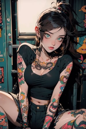 masterpiece, full_body, ruanyi0220, body tattoos, BJ_Violent_graffiti, illustration, 1girl, solo, long hair, breasts, brown hair, cleavage, medium breasts, sitting, jacket, ponytail, parted lips, shorts, midriff, indoors, short shorts, black shorts, looking up, realistic, hand on own head, photo background,Female
