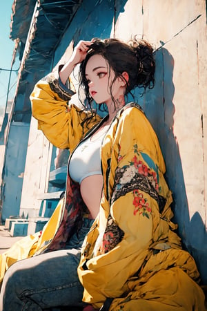 ((masterpiece, high quality, best quality, 8k, fine lineart, highly detailed, absurdres)), ruanyi0220, body tattoo, 1girl, solo, breasts, short hair, black hair, jacket, open clothes, midriff, pants, coat, white footwear, hand in pocket, sports bra, white coat, hand on own head, white sports bra, yellow theme,hanbok