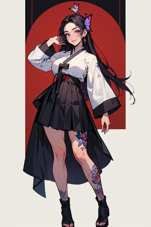 ((masterpiece, high quality, best quality, 8k, fine lineart, highly detailed, absurdres)),1girl, solo, full_body,hanbok, smile, tattoo, body tattoo, short skirt, bare legs, arm_bracelets, long hair, leg tattoo,big_breasts, butterfly tattoo, long sleeves, wide sleeves, butterflies