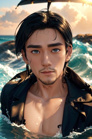 A 27 years old asianmale with a top hat, black_hair, surfing on sea, facing_viewer, elegant_clothes, full_body, perfect body shape, complex_bg, sunset_scenery_background, ((beautiful and detailed eyes)), handsome and very symmetrical face, perfect face, sfw, 8K, ((masterpiece)), professional photography, better_quality_at_source, detailed skin, pore, low key, real_hand, Realistic,