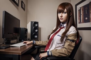 best quality, masterpiece, highres, ultra-detailed, beautiful detailed eyes, detailed background, raw photo, BREAK, 1girl, solo, Makise Kurisu, Steins:Gate, jacket, off shoulder, collared shirt, red necktie, black shorts, pantyhose, legwear under shorts, full body, realistic skin, attrative body, detailed clothes, extremely detailed hair, highly detailed eyes and pupils, juicy lips, BREAK, backlighting, face lighting, close view, starring at the viewer, BREAK, attractive posing, perfect anatomy, perfect proportion, perfect human hands, perfect human arm, seated on a gaming chair, expressionless, blush, BREAK, at night, dark room, night room, in the dark, deep shadow, low key, gaming room, gaming chair, gaming desk, keyboard, drawing tablet.