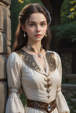 ,  (16yo, exceptionally beautiful girl), (white skin color),  (brown iris:1.00), (black hair:1.00), 16yo princess in medieval teenage romance fantasy, ultra highly detailed realistic 3d face, unreal engine, real person, skin with pores, robust jawline, chin raised, perfect eye symmetry in harmony with face, pristine brown eyes, beautiful black hair, balanced face components, neutral expression on face, smart intelligent gaze, realistic head to body ratio, masterful usage of cinematic lighting,   (wearing light-colored white blouse in medieval teenage romance fantasy story),  ( tiny maple leaf pattern printed on blouse), (wearing one simple luxurious diamond accessory on hair), movie still,  amazing saturation, UHD, 8K RAW PHOTO, maintaining pose, same pose as source image, swf,detailmaster2 