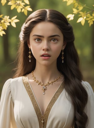  ,  (fullbody shot photography), (16yo, exceptionally beautiful girl), (white skin color),  (brown iris), (black hair), 16yo princess in medieval teenage romance fantasy, ultra highly detailed realistic 3d face, unreal engine, real person, skin with pores, robust jawline, chin raised, perfect eye symmetry in harmony with face, perfectly balanced face components, strongly round eyebrows, smart intelligent gaze, realistic head to body ratio, masterful usage of cinematic lighting,   (wearing light-colored white blouse in medieval teenage romance fantasy story),  (minimalistic tiny maple leaves printed on blouse), (wearing one simple small diamond accessory on hair), movie still,  amazing saturation, UHD, 8K RAW PHOTO, maintaining pose, same face expression as original image, quarreling with her mouth wide open, frustrated, frowning, nswf,detailmaster2 