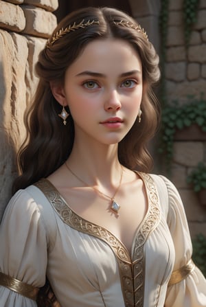 ,  (16yo, exceptionally beautiful girl), (white skin color),  (brown iris:1.00), (black hair:1.00), 16yo princess in medieval teenage romance fantasy, ultra highly detailed realistic 3d face, unreal engine, real person, skin with pores, robust jawline, chin raised, perfect eye symmetry in harmony with face, pristine brown eyes, beautiful black hair, balanced face components, neutral expression on face, smart intelligent gaze, realistic head to body ratio, masterful usage of cinematic lighting,   (wearing light-colored white blouse in medieval teenage romance fantasy story),  ( tiny maple leaf pattern printed on blouse), (wearing one simple luxurious diamond accessory on hair), movie still,  amazing saturation, UHD, 8K RAW PHOTO, maintaining pose, same pose as source image, swf,detailmaster2 