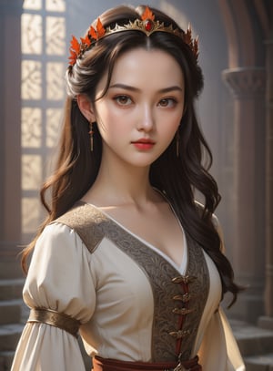  , 1girl, name is Aut1umn, princess of fantasy kingdom, perfect blending of medieval romance:0.8,  cyberpunk:0.2, Korean teenage girl, 16yo,  white skin color, high cheekbone, wide round chin, 
 ultra highly detailed realistic face, perfectly balanced face features in perfect ratio, face symmetry, ultra highly detailed realistic eyes, brown color iris, hint of smile:0.4, super smart, Fair-minded, Empathetic personality   (((black hair:1.0))), shorter hair,  (short neck),      (wearing light-colored white blouse in medieval romance fantasy story),  (minimalistic tiny autumn leaf shape pattern, extremely small pattern on blouse), (wearing two simple tiny small accessories on hair:1.0), swf, wearing clothes, censored, masterpiece, portrait photography, amazing color, Fujifilm XT3, highly detailed realistic face, highly detailed eyes, perfect ratio:0.95, UHD, 8K RAW PHOTO, wallpaper, simple blurry background,detailmaster2 