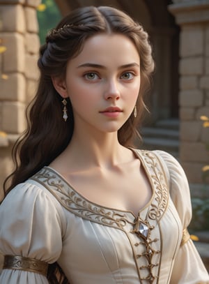 ,  (16yo, exceptionally beautiful girl), (white skin color),  (brown iris:1.00), (black hair:1.00), 16yo princess in medieval teenage romance fantasy, ultra highly detailed realistic 3d face, unreal engine, real person, skin with pores, robust jawline, chin raised, perfect eye symmetry in harmony with face, brown eyes, perfectly balanced face components, neutral expression on face, smart intelligent gaze, realistic head to body ratio, masterful usage of cinematic lighting,   (wearing light-colored white blouse in medieval teenage romance fantasy story),  (minimalistic tiny maple leaves printed on blouse), (wearing one simple small diamond accessory on hair), movie still,  amazing saturation, UHD, 8K RAW PHOTO, maintaining pose, same pose as source image, swf,detailmaster2 