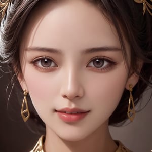  , 1girl, name is Aut1umn, princess of fantasy kingdom, perfect blending of medieval romance:0.8,  cyberpunk:0.2, exceptionally beautiful teenage girl, 16yo,  white skin color, high cheekbone, (highly detailed realistic face, perfectly balanced face features, (perfect ratio), face symmetry), (perpendicular face angle), ultra highly detailed realistic eyes, brown color iris, hint of smile, super smart, Fair-minded, Empathetic personality , (ultra detailed realistic black hair:1.0), (perfect face symmetry),  masterpiece, portrait photography, amazing color, Fujifilm XT3,  UHD, 8K RAW PHOTO, wallpaper, simple blurry background ,Detailedface,eungirl