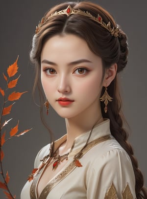  , 1girl, name is Aut1umn, princess of fantasy kingdom, perfect blending of medieval romance:0.8,  cyberpunk:0.2, Korean teenage girl, 16yo,  white skin color, high cheekbone, wide round chin, 
 ultra highly detailed realistic face, perfectly balanced face features in perfect ratio, face symmetry, ultra highly detailed realistic eyes, brown color iris, hint of smile:0.4, super smart, Fair-minded, Empathetic personality   (((black hair:1.0))), shorter hair,  (short neck),      (wearing light-colored white blouse in medieval romance fantasy story),  (minimalistic tiny autumn leaf shape pattern, extremely small pattern on blouse), (wearing two simple tiny small accessories on hair:1.0), swf, wearing clothes, censored, masterpiece, portrait photography, amazing color, Fujifilm XT3, highly detailed realistic face, highly detailed eyes, perfect ratio:0.95, UHD, 8K RAW PHOTO, wallpaper, simple blurry background,detailmaster2 