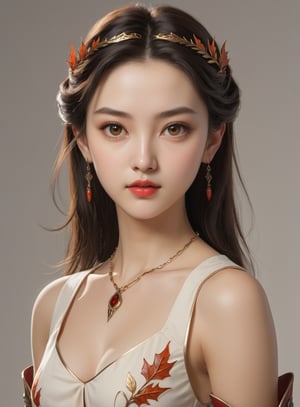  , 1girl, name is Aut1umn, princess of fantasy kingdom, perfect blending of medieval romance:0.8,  cyberpunk:0.2, Korean teenage girl, 16yo,  white skin color, high cheekbone, wide round chin, 
 ultra highly detailed realistic face, perfectly balanced face features in perfect ratio, face symmetry, ultra highly detailed realistic eyes, brown color iris, hint of smile:0.4, super smart, Fair-minded, Empathetic personality   (((black hair:1.0))), shorter hair,  (short neck),      (wearing light-colored white blouse in medieval romance fantasy story),  (minimalistic tiny autumn leaf shape pattern, extremely small pattern on blouse), (wearing two simple tiny small accessories on hair:1.0), swf, wearing clothes, censored, masterpiece, portrait photography, amazing color, Fujifilm XT3, highly detailed realistic face, highly detailed eyes, perfect ratio:0.95, UHD, 8K RAW PHOTO, wallpaper, simple blurry background,detailmaster2 