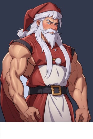 4K UHD illustration,  upscaled professional drawing HDR,  stern older male,  handsome male focus,  intense blue eyes,  eyebrows visible through hair,  long curly white hair (:1.9) full santa style thick white beard (:1.9) detailed red santa hat (:1.9) classic santa costume (:1.9) looking-into-camera,  blank background, perfect anatomy, 300dpi,  upscaled 8K, masterpiece (:1.9) portrait,  finest quality art,  sharp focus 
ARTSTYLE_(1man),(1man),zxsmk