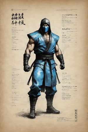 vintage sketch, Sub-Zero classic suit Mortal Kombat character design,  colorful art by Jeremy Mann and Carne Griffith,on parchment,ink illustration, blue ninja themed (:1.4) traditional, Japanese calligraphy (:1.9) ink style, 300dpi,  upscaled 8K,  masterpiece, finest quality art, 300dpi,  upscaled 8K, masterpiece, finest quality art, Japanese calligraphy (:1.9) wanted poster (:1.9) cold theme atmosphere 