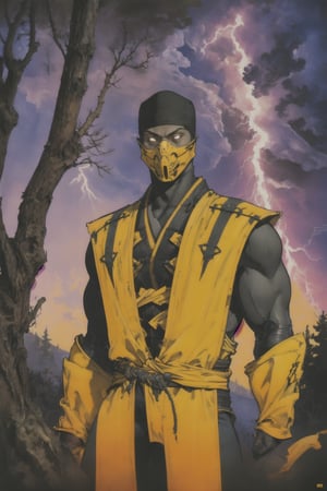 1boy\(male, handsome, young 35 year old, tall, muscles, sharp cheekbones, form fitting black bodysuit under yellow ninja costume \) detailed yellow mortal kombat ninja mask 
(:1.9) intense white eyes, muscular male arms (:1.9) full_body, background (day, outdoor, battle stance (:1.9) purple lightning strike, faceing viewer (:1.6) thunderstorm atmosphere, lightning, trees) (masterpiece, highres, high quality:1.2), ambient occlusion, outstanding colors, low saturation,High detailed, Detailedface, Dreamscape, Vagabond style, Japanese, black and white,Scorpion (mortal kombat), mask, 