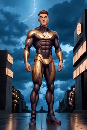 Athletic builtmale,  full-body_portrait,  intense blue eyes, petite body, muscular male focus (:1.9) slight abs, form fitting tight bodysuit (white and gold) gold boots, smirking, eyebrows, short brown hair army style, looking-into-camera (:1.9) perfect anatomy (:1.9) perfect hands, 300dpi, upscaled 8K,  masterpiece (:1.9) vibrant colours, standing, dynamic cityscape backdrop,  nighttime thunderstorm ,(1man),mark,muscular,nolan