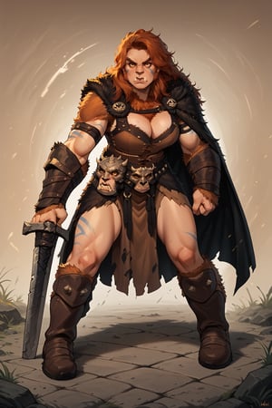 score_9,score_8_up,score_7_up,score_6_up, solo, 1girl, muscular teen girl bugbear (:1.9) snarling showing fangs, large_breasts, cleavage, fur skin tone (:1.9) beautiful teen focus (:1.9) mismatched fur and leather cloak, (:1.9) holding up 2 large swords, full body portrait (:1.9) 300dpi, upscaled 8K, midriff_peek, masterpiece, finest quality art, perfect anatomy, perfect hands (:1.9) full body barbarian costume (:1.9) boots (:1.9) dark hell fantasy (:1.9) demon hell background, fighting stance, attack pose 