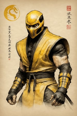 vintage sketch, Scorpion classic suit Mortal Kombat character design colorful art by Jeremy Mann and Carne Griffith,on parchment,ink illustration, ninja themed (:1.4) traditional, Japanese calligraphy (:1.9) ink style, 300dpi,  upscaled 8K,  masterpiece, finest quality art, 300dpi,  upscaled 8K, masterpiece, finest quality art, Japanese calligraphy (:1.9) wanted poster (:1.9) 