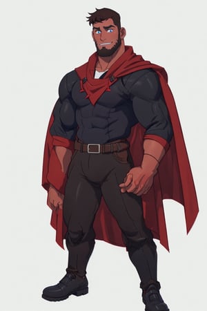 4K UHD illustration,  upscaled professional drawing HDR,  athletic built male,  full_body image,  standing,  looking down at camera,  handsome male focus,  unshaven full red beard (:1.4) , bald head (:1.3)  detailed muscular arms,  form fitting tight red (short_sleeves) shirt (:1.7) detailed black leather belt,  tight form fitting black pants, small black boots,  hands on hips, detailed red cape with black trim,  intense blue eyes, smirking, perfect anatomy,  perfect  hands, blank background,  300dpi,  upscaled,  , centered,  vibrancy,  finest quality art,  sharp focus 
clark,(1man)