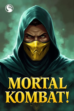 (children's book cover :1.8) (book :1.9)single title, big title: " MORTAL KOMBAT ! " (:1.9) bold classic style font (:1.7) fantasy book cover (:1.8) close-up portrait of a stern male ninja (:1.9) intense white eyes, black hooded ninja costume with detailed yellow mortal kombat themed mask (:1.9) haze backdrop (:1.1) surrounded by eeire green smoke, story book art, 300dpi, upscaled 8K, masterpiece, finest quality art, perfect anatomy (:1.9) children's illustrated book (:1.9) mortal kombat drafon logo in top corner 