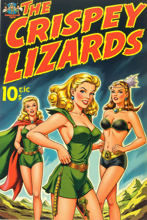 (vintage comic cover :1.9) 1940s themed (comic book :1.9) big title: " The Crispy Lizards " (:1.9) large bold comic style font (:1.9 loose fitting green lizard themed leotard costume (:1.9) 2girls, 1man focus (:1.9) cape (:1.9) dynamic background (:1.9) fantasy comic (:1.8) comic art, 300dpi, upscaled 8K, masterpiece, finest quality art, perfect anatomy (:1.9) classic comic book cover focus (:1.9) perfect anatomy 