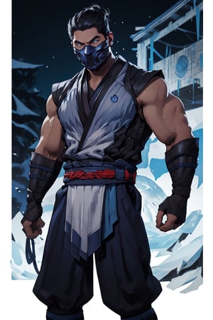 4K UHD illustration, upscaled professional drawing HDR, handsome man, pectoral focus, real life, full-body_portrait, perfect anatomy,  form fitting tight black bodysuit under blue mortal kombat ninja costume (:1.9) black hood, intense white eyes, stern expression, detailed muscular male arms, male focus, mortal kombat themed (blue) ninja mask (:1.9) blue loincloth over black pants, battle pose, 300dpi,  upscaled 8K, masterpiece, finest quality art,  blank background, focus on blue ninja costume, subzero from Mortal Kombat, ,zxsmk, grey skin tone,zbzr,ice_sculpture,ic34rmor,redice