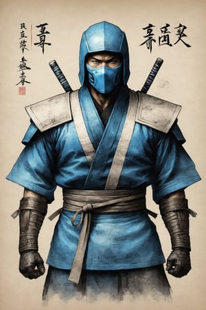 vintage sketch, Sub-Zero (classic blue suit) Mortal Kombat character design colorful art by Jeremy Mann and Carne Griffith,on parchment,ink illustration, samurai themed armour, (:1.4) traditional, Japanese calligraphy (:1.9) ink style, 300dpi,  upscaled 8K,  masterpiece, finest quality art, 300dpi,  upscaled 8K, masterpiece, finest quality art, Japanese calligraphy (:1.9) perfect hands, intense white eyes (:1.1) 